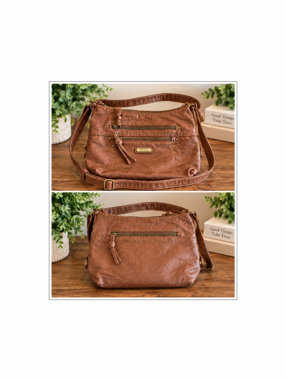 Stone & Co Brown Faux Leather Multi Zip Crossbody Bag